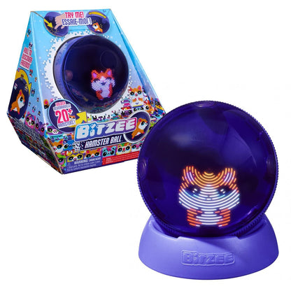 Bitzee Hamster Ball toy, a dark purple sphere with a glowing orange, white, and blue pixelated hamster face, on a purple base, next to its light blue packaging
