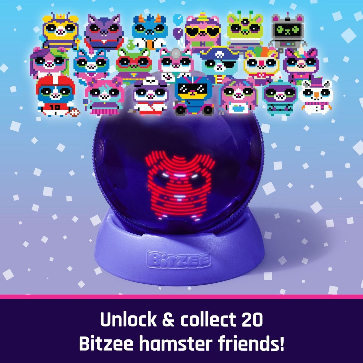 Purple Bitzee digital pet device shows a red pixel hamster, surrounded by 20 diverse, colorful pixel Bitzee hamster characters floating on a light blue background