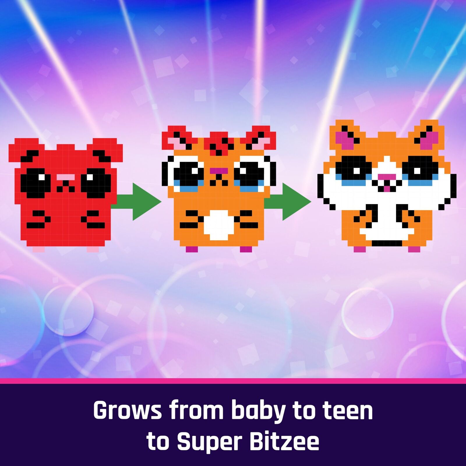Pixel art creature growing: red baby to orange teen to detailed orange & white Super Bitzee, text reads: "Grows from baby to teen to Super Bitzee"