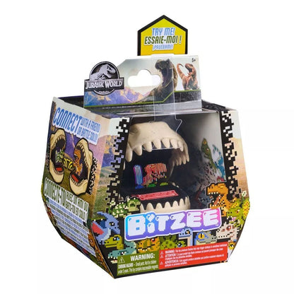 Jurassic World Bitzee virtual pet with dinosaur skull casing in its pixel-art themed box