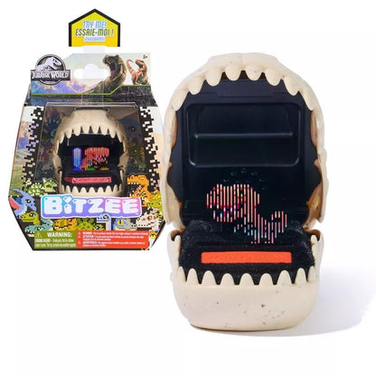 Jurassic World Bitzee virtual pet toy in a bone-colored dinosaur skull case, open with a colorful pixelated dino on its screen, next to its retail box