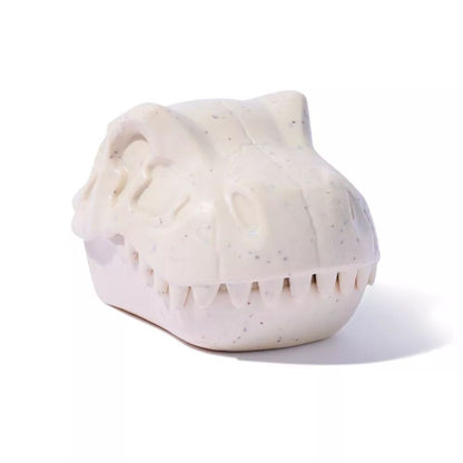 White speckled T-Rex head with prominent teeth and eye sockets, against a white background