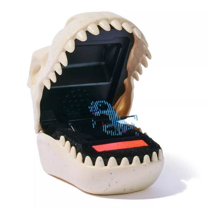 Open dinosaur skull display case with a blue pixelated T-Rex projection and a red glowing light bar on the dark interior