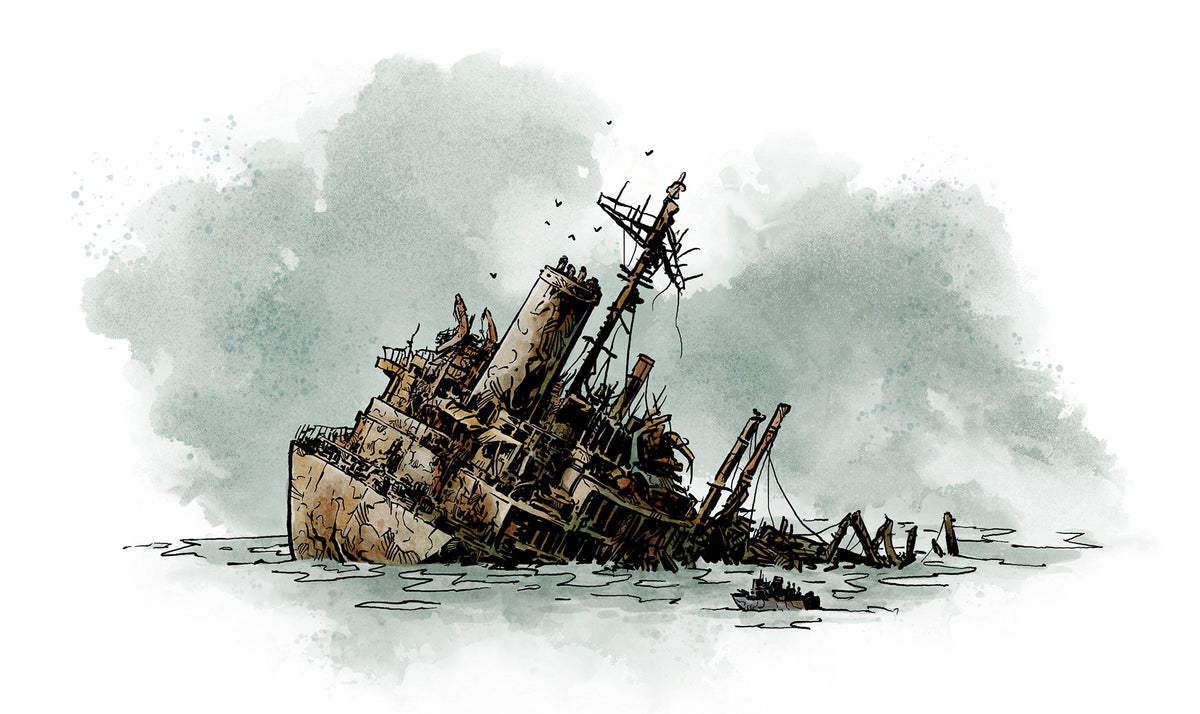 An illustration of a large, rusted shipwreck listing in water, with a small boat nearby