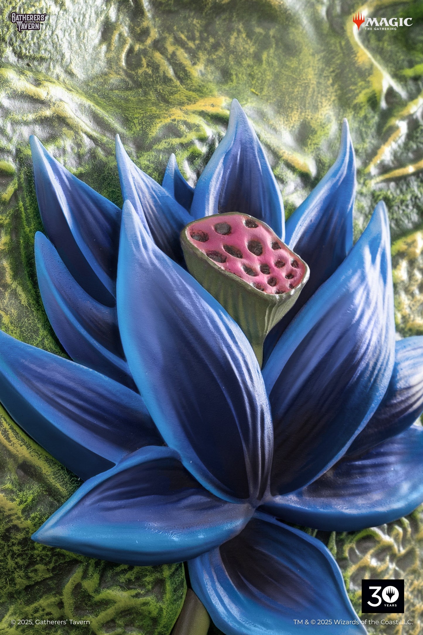 Sculpture of Magic: The Gathering's blue Black Lotus, with a pitted pink center on a textured green background