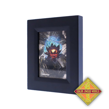 A dark framed print shows a glowing red and black lotus with blue energy, with an "Origins Award Winner" badge