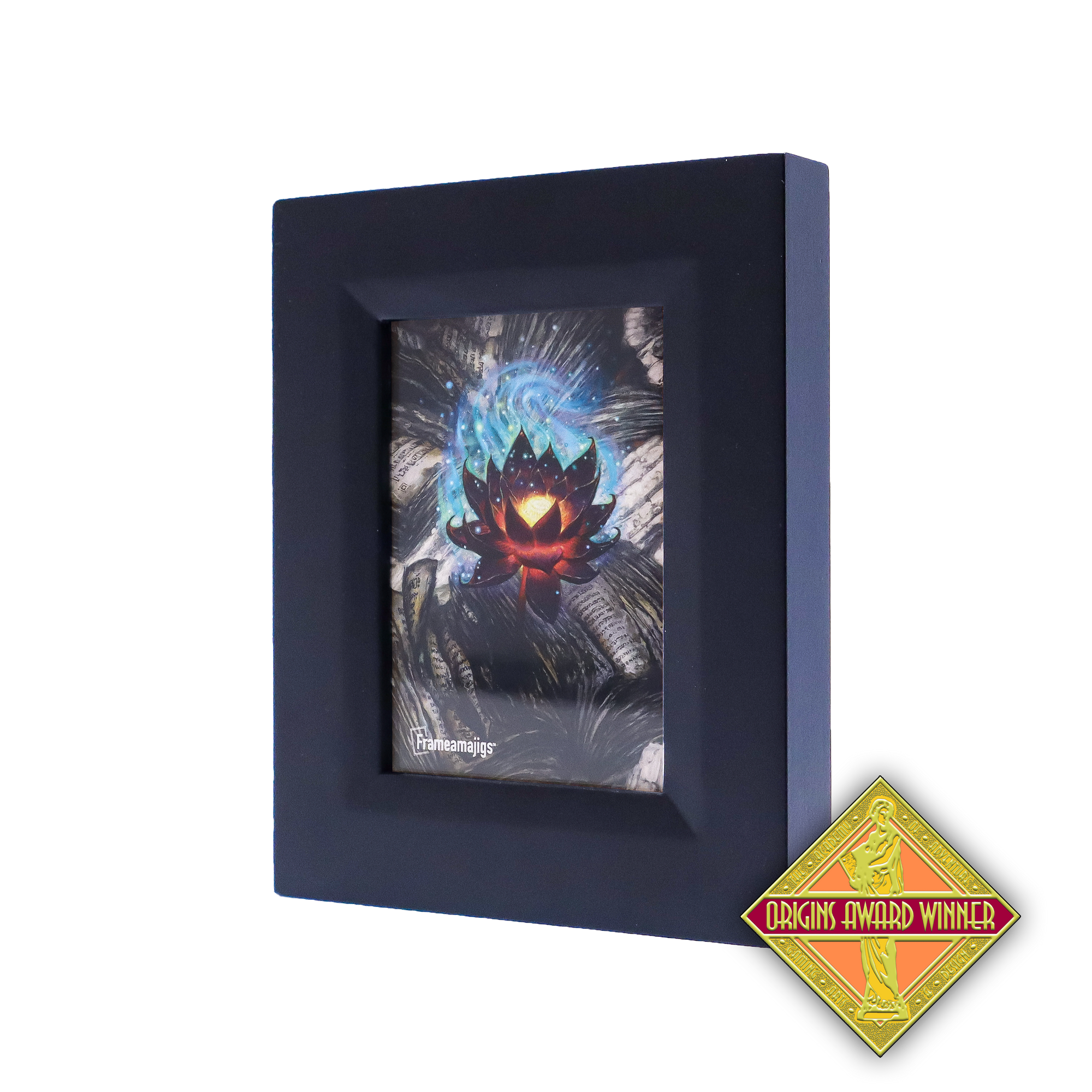 A dark framed print shows a glowing red and black lotus with blue energy, with an "Origins Award Winner" badge