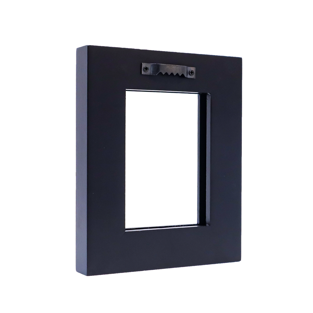 Back of a black rectangular picture frame with a metal sawtooth hanger attached at the top