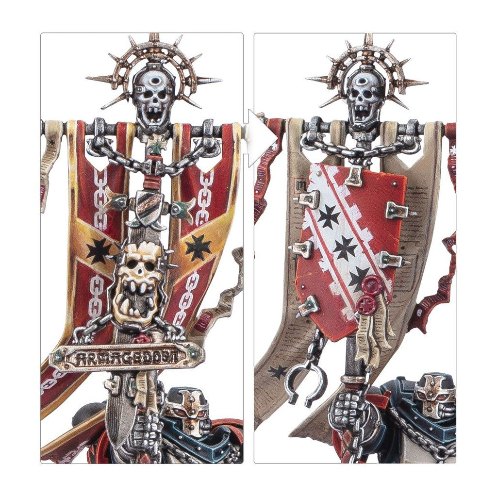 Warhammer 40000 miniature standard with skeletal head, spiked halo, and chains