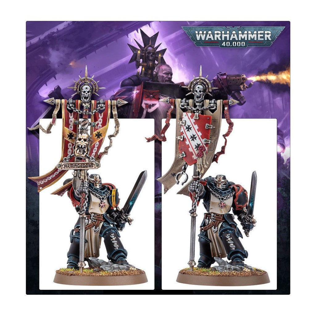 Two Black Templar Space Marine miniatures from Warhammer 40,000, holding swords and ornate banners adorned with skulls and chains