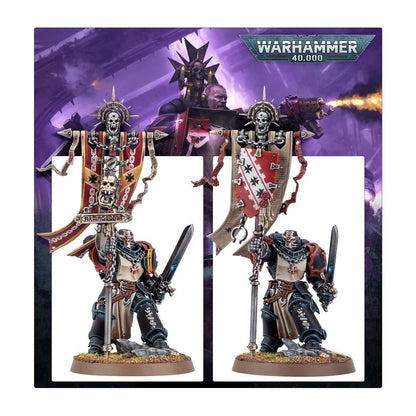 Two Black Templar Space Marine miniatures from Warhammer 40,000, holding swords and ornate banners adorned with skulls and chains