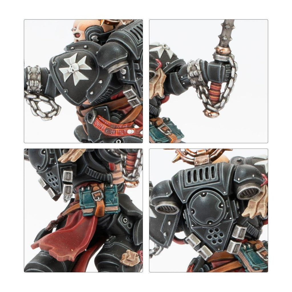 Black Templar Space Marine miniature in power armor, featuring a white Maltese cross shield, chained weapon, red tabard, and intricate backpack details