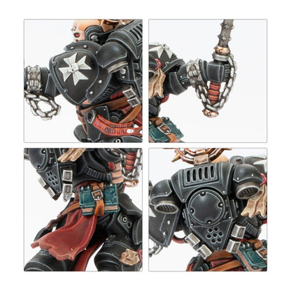 Black Templar Space Marine miniature in power armor, featuring a white Maltese cross shield, chained weapon, red tabard, and intricate backpack details