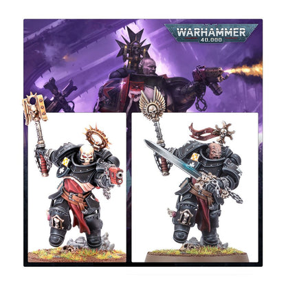 Warhammer 40,000. Illustration of a Black Templar Space Marine firing, below are two Black Templar miniatures: one with a skull helmet, hammer, and pistol; another with a sword and skull-topped staff