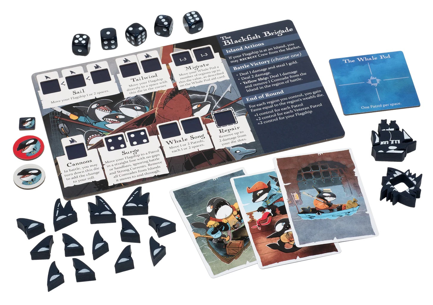 Components for "The Blackfish Brigade" board game: rule card, six dice, orca fin tokens, and illustrated character cards