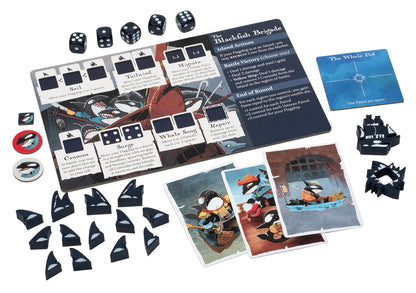 Components for "The Blackfish Brigade" board game: rule card, six dice, orca fin tokens, and illustrated character cards