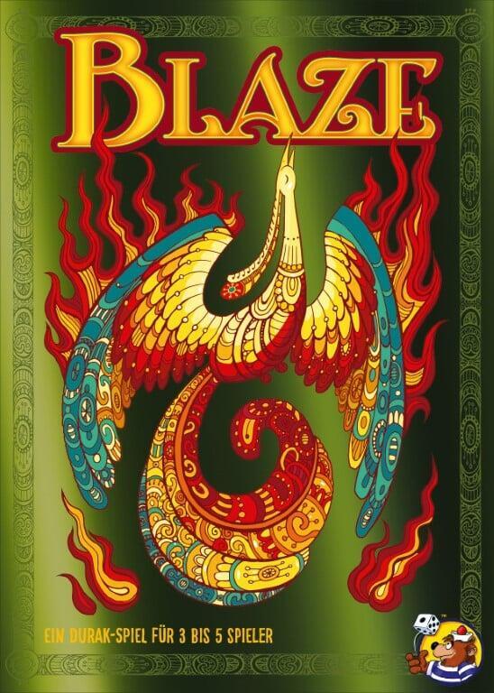 BLAZE game cover with gold text. A patterned firebird with wings rises through red flames on a green background.