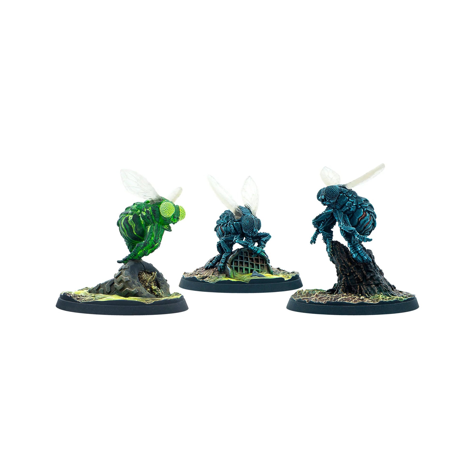 Three painted miniatures of fly-like creatures: one green, two blue-teal, standing and crouching on detailed bases