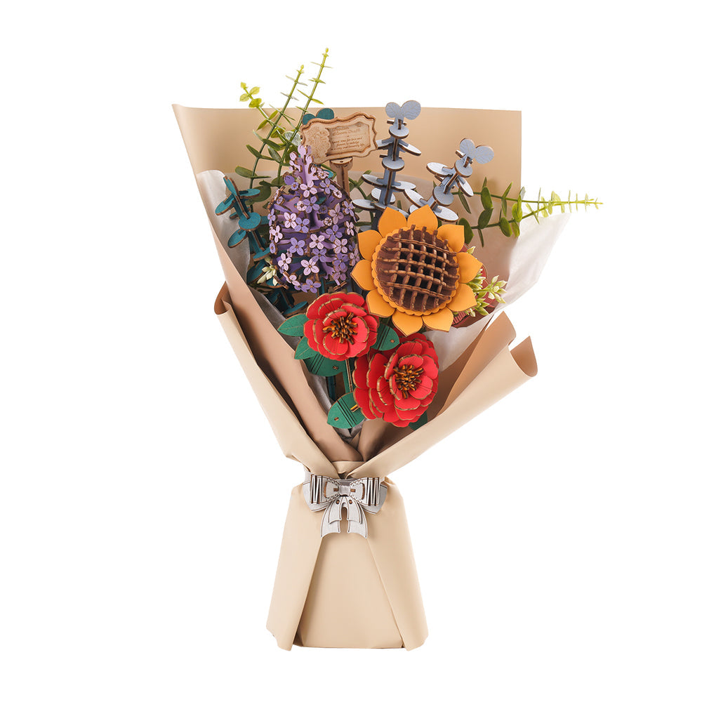 Colorful wooden flower bouquet featuring a sunflower, red roses, and purple flowers, wrapped in craft paper