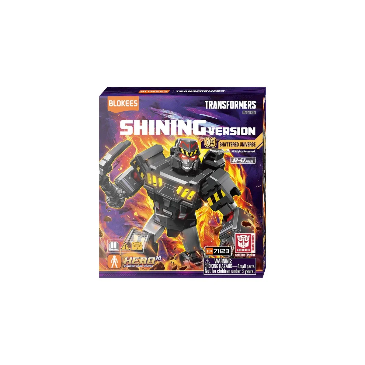 Blokees Transformers 'Shining Version' model kit box with a dark gray robot holding a blade in a fiery scene