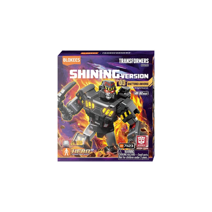 Blokees Transformers 'Shining Version' model kit box with a dark gray robot holding a blade in a fiery scene