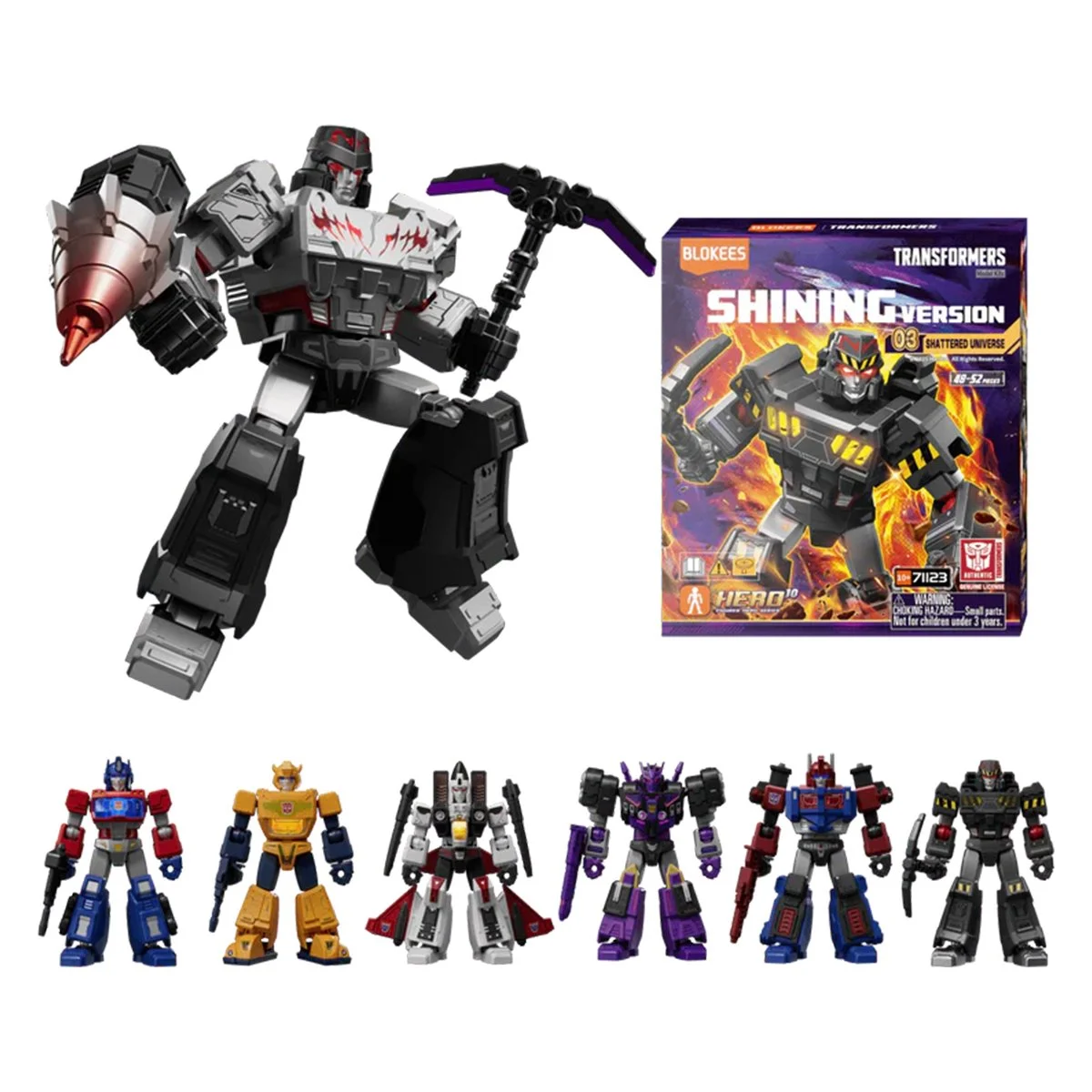 Large grey and black Megatron Transformer figure holding a pickaxe and cannon, with its box and six smaller figures