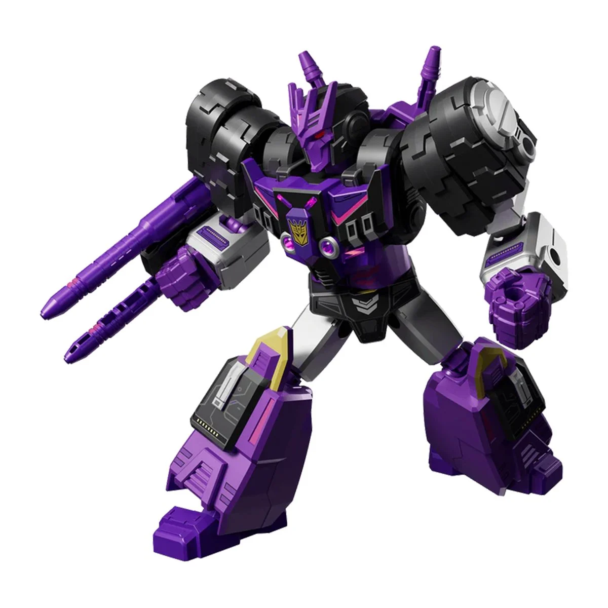 Purple and black Decepticon robot with shoulder cannons holds twin blasters, standing in a dynamic pose