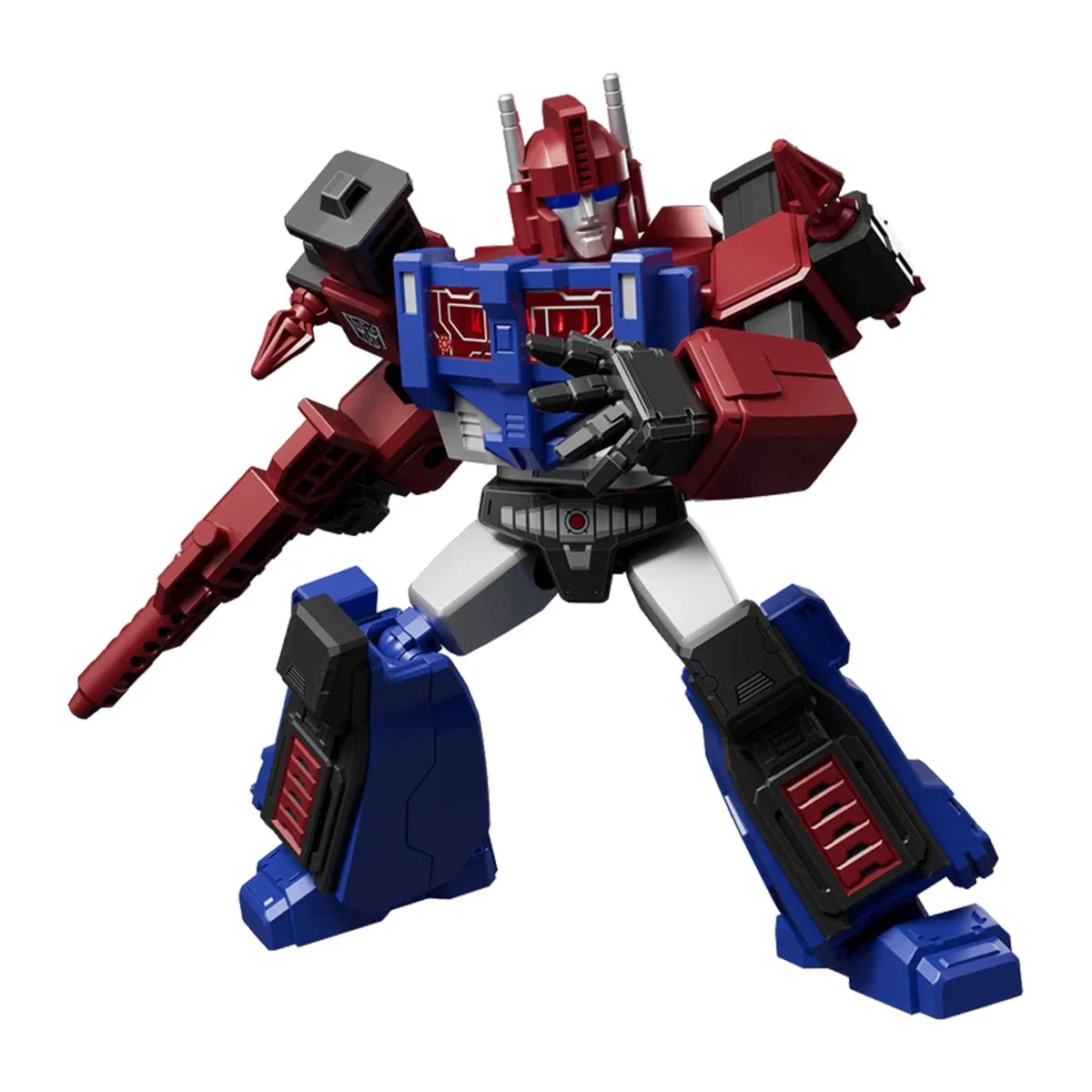 Red and blue Ultra Magnus Transformer toy in a dynamic action pose, holding a blaster on its left arm