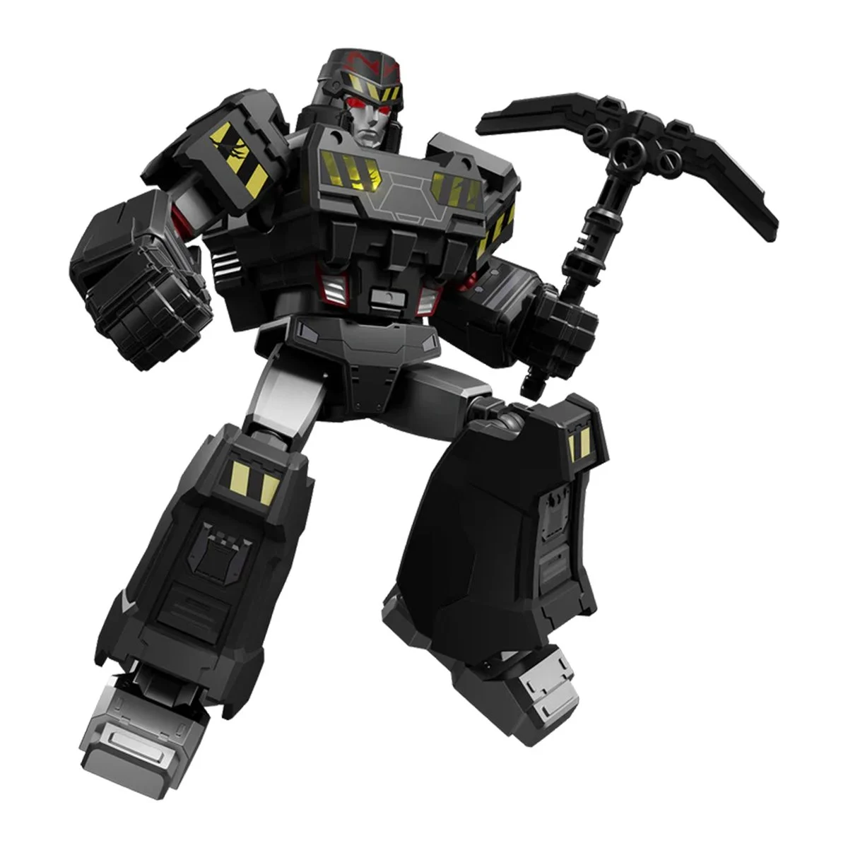 A black robot action figure with red eyes and yellow markings, holding a pickaxe