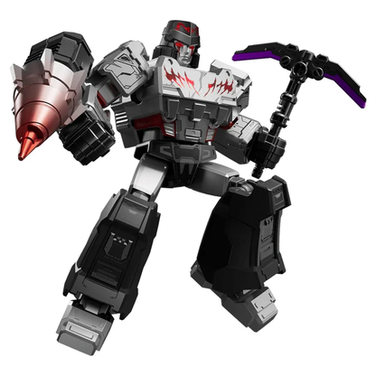 Megatron-like Transformer with a red drill-cannon arm and holding a purple-tipped pickaxe