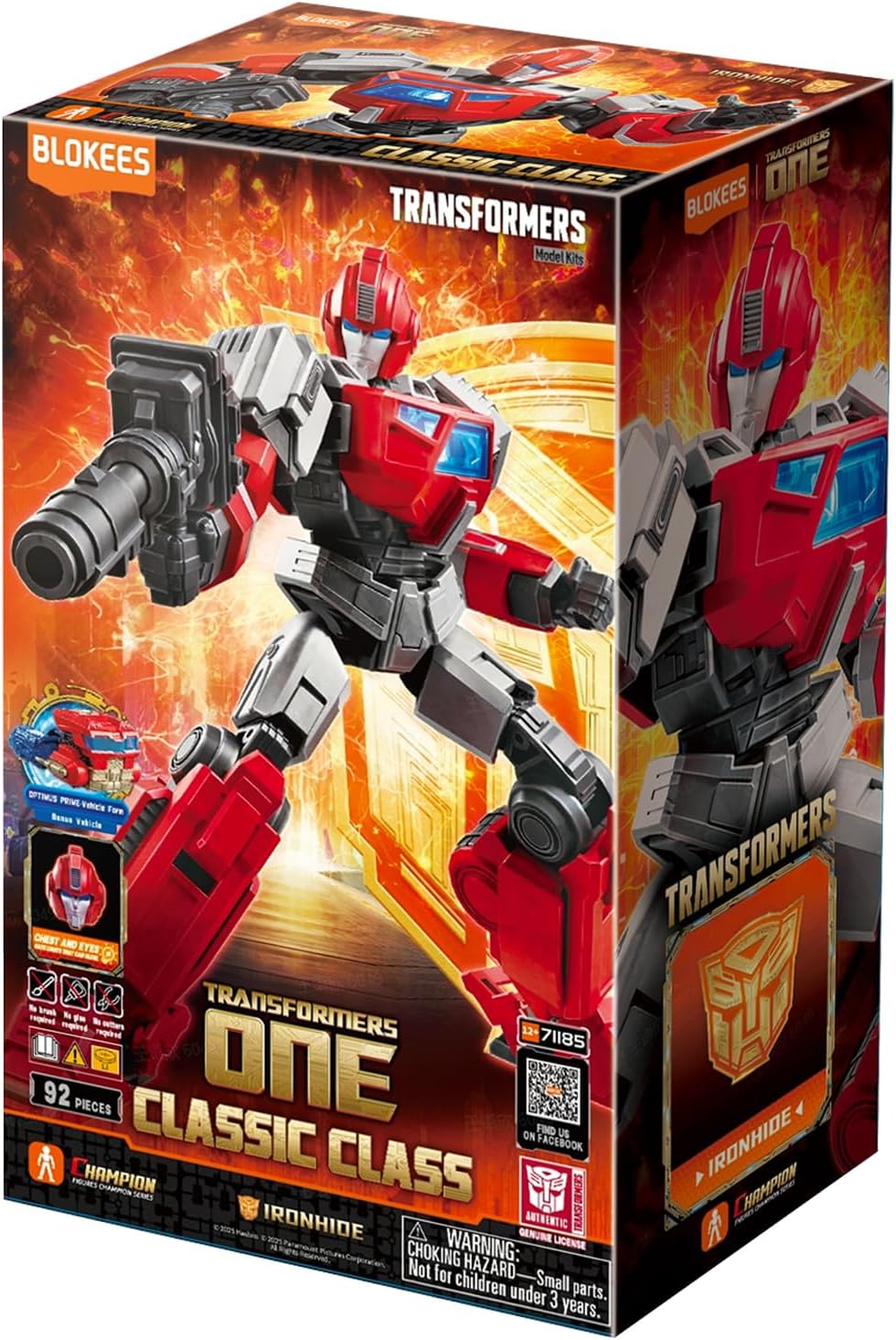 Transformers One Ironhide model kit box: Red and gray robot with blaster against a fiery orange background
