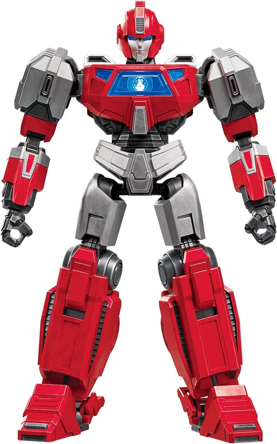 A red and gray robot stands facing forward, with a glowing blue chest screen displaying a white symbol