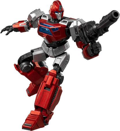 Red, silver, and black Transformer robot in a dynamic leaping pose, holding a large blaster