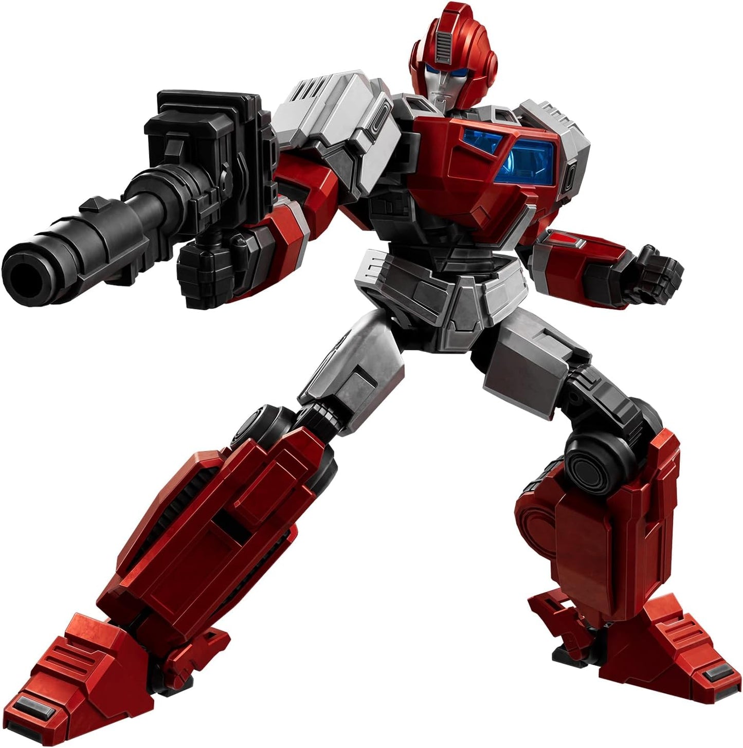 Red and grey robot action figure stands dynamically, aiming a large black rifle
