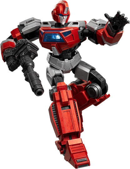 Red and grey robot in a dynamic pose, holding a gun, with a glowing blue chest and an open hand