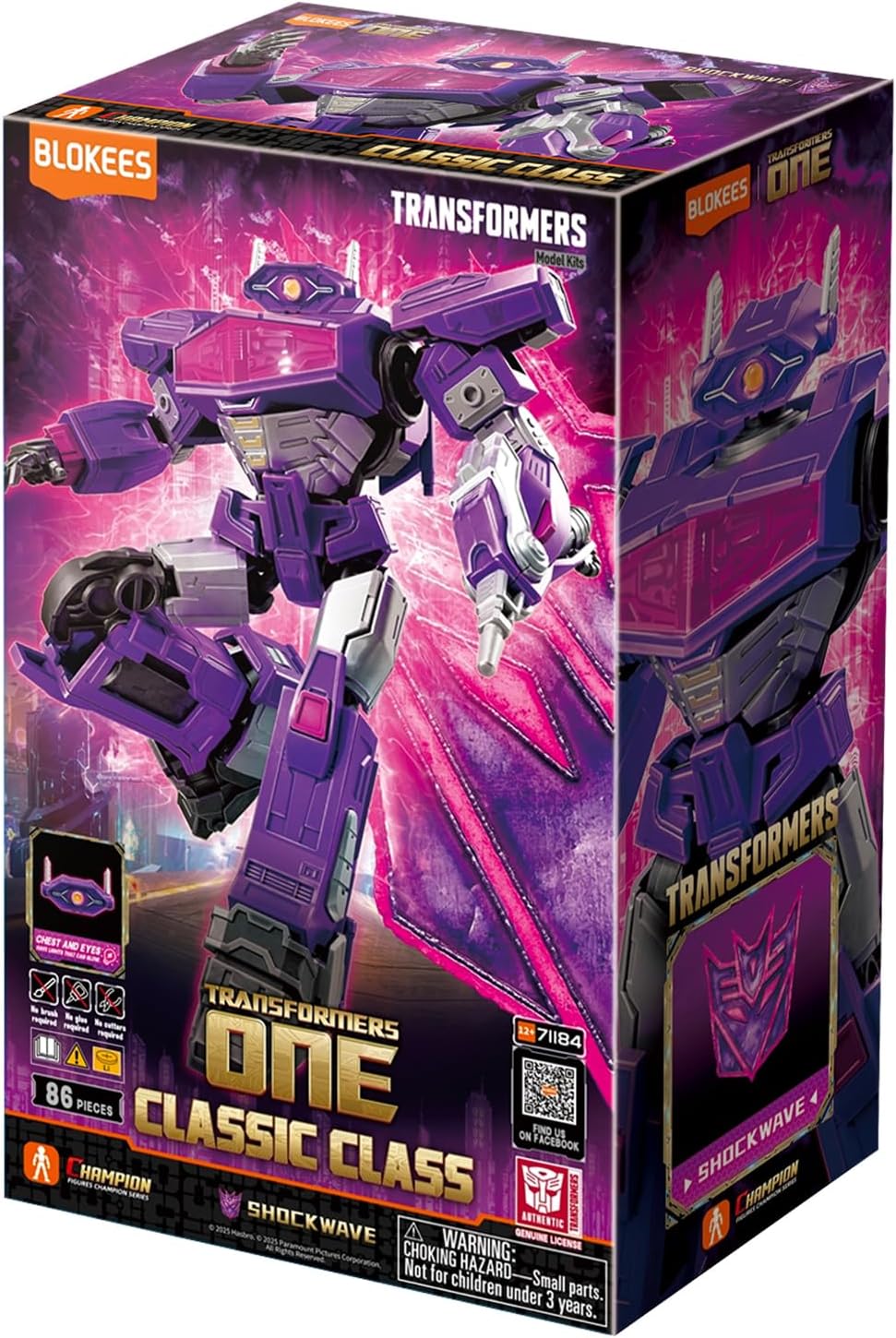 Purple Blokees Transformers Shockwave model kit box, featuring the robot in a dynamic pose with its arm cannon
