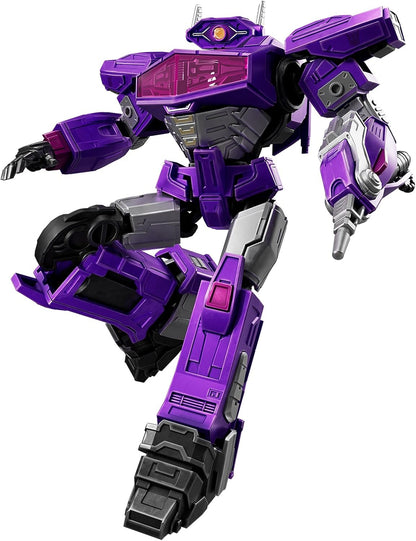 Purple robot Shockwave, with a single yellow eye and cannon arm, in a dynamic action pose