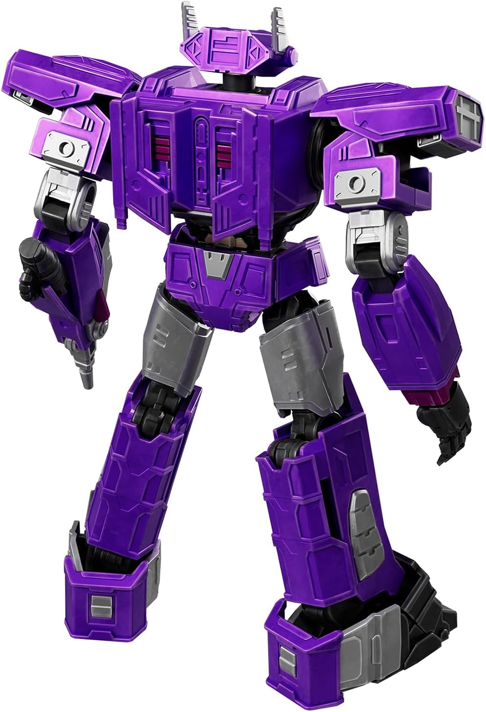 Purple and silver Transformer robot action figure standing, with a blaster on its left arm