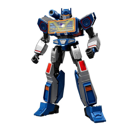 Blue and grey Soundwave Transformer figure stands with shoulder cannon and Decepticon chest logo