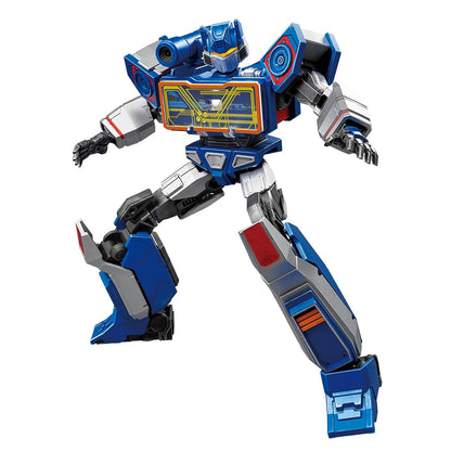 Blue and silver Transformer Soundwave, with boombox chest and Decepticon symbol, in dynamic action pose