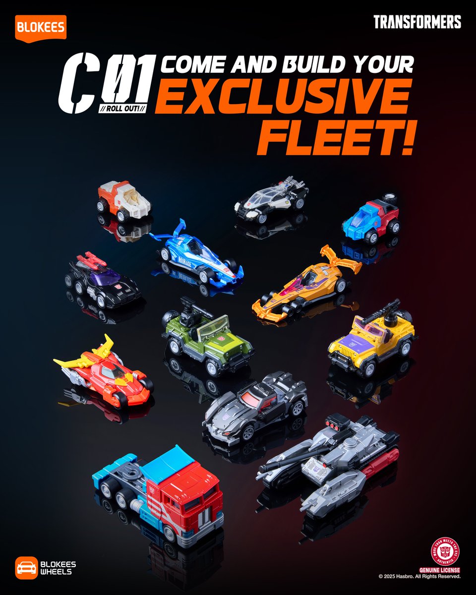 A collection of twelve colorful Blokees Transformers toy vehicles (cars, trucks, tank) on a black background