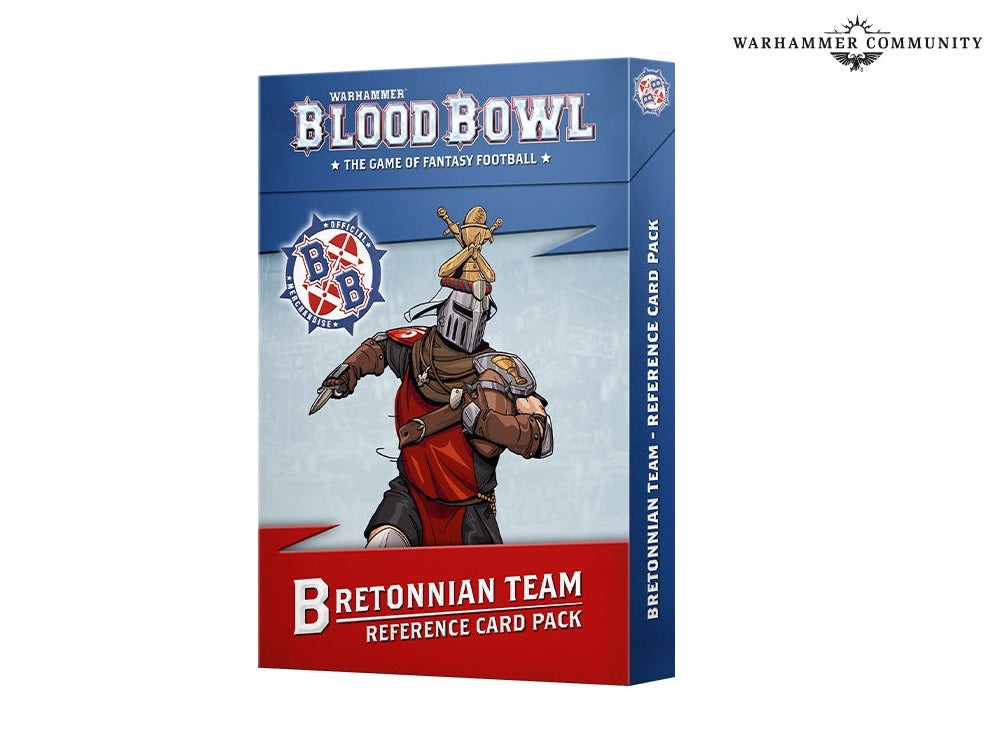 Blood Bowl Bretonnian Team Reference Card Pack box, showing an armored fantasy football player running