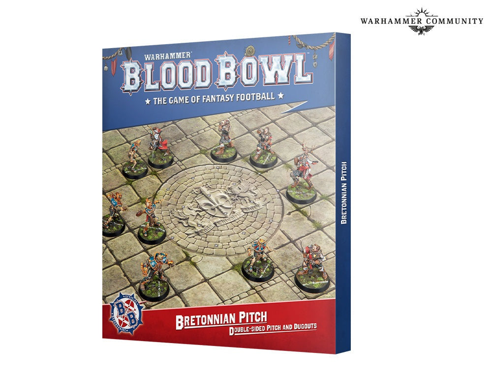 Box for Warhammer Blood Bowl Bretonnian Pitch, featuring fantasy football miniatures on a stone playing field