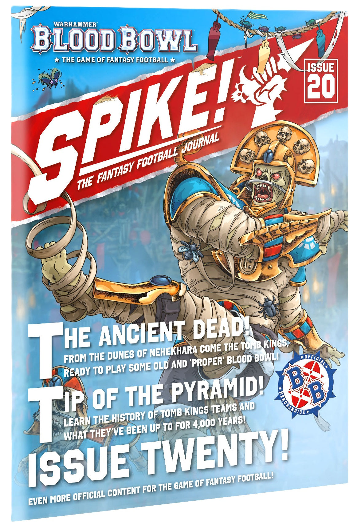 Blood Bowl SPIKE! Issue 20 cover featuring an aggressive Mummy player in golden armor and bandages