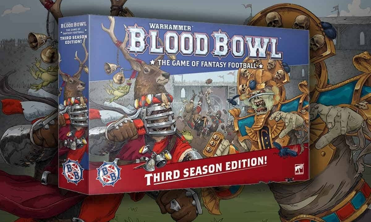 Warhammer Blood Bowl Third Season Edition board game box featuring a stag player and an undead mummy