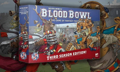 Warhammer Blood Bowl Third Season Edition board game box featuring a stag player and an undead mummy
