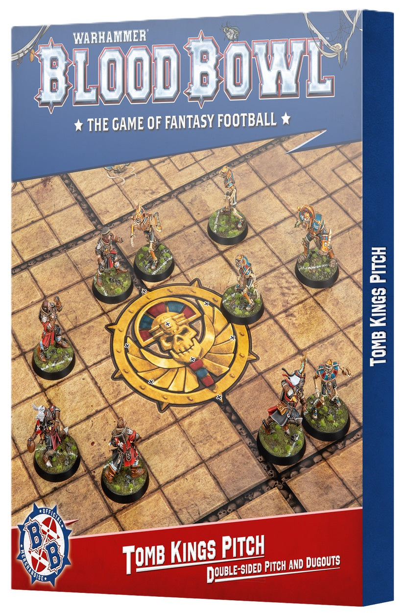 Warhammer Blood Bowl: Tomb Kings Pitch game box showing skeletal and human miniatures posed on a stone tile pitch
