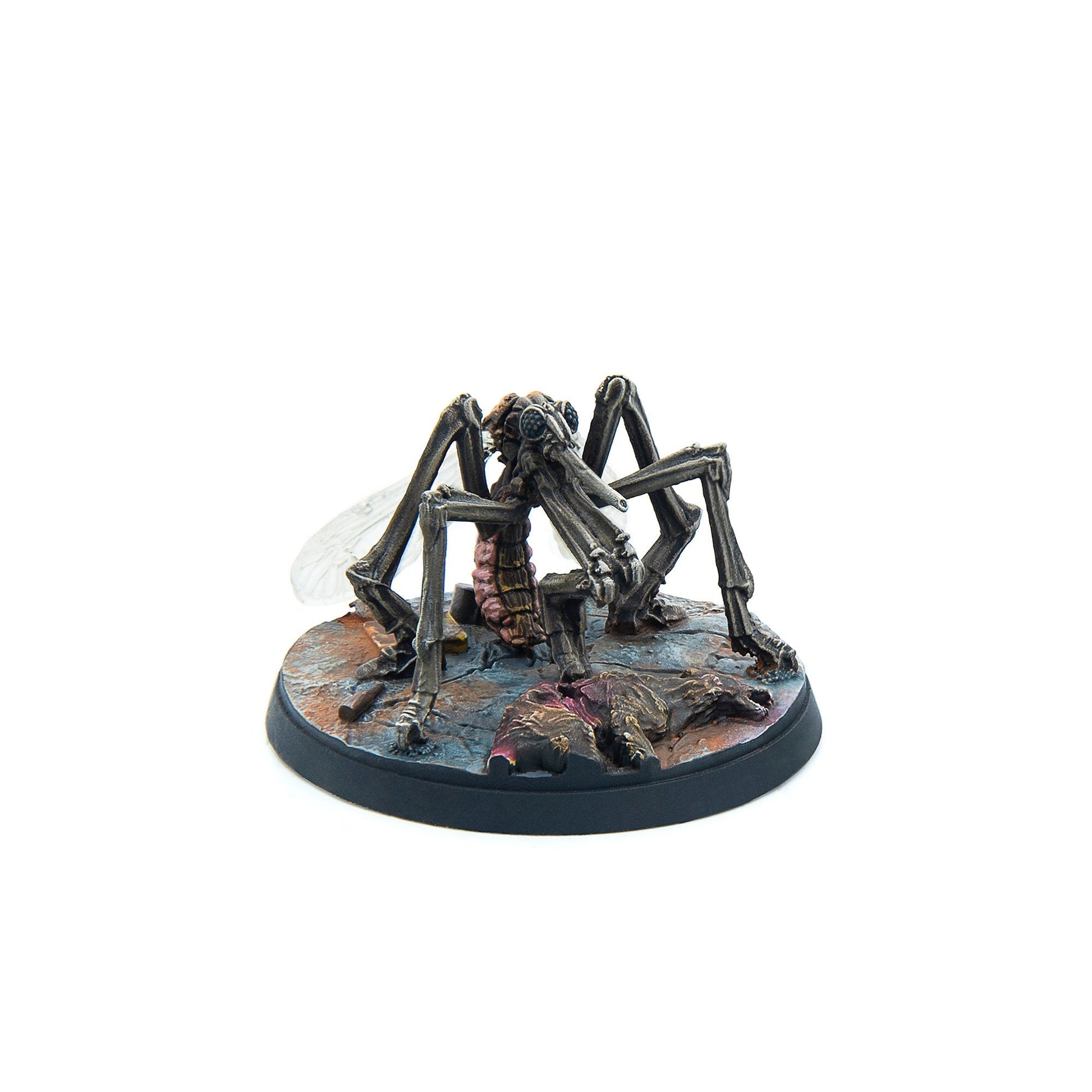 A detailed miniature of a grey mosquito-like creature with translucent wings and a pink abdomen, standing on a dark, gore-splattered base