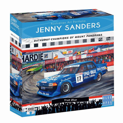 Puzzle box: Artwork of a blue Bathurst race car speeding on a track with spectators and banners. By Jenny Sanders