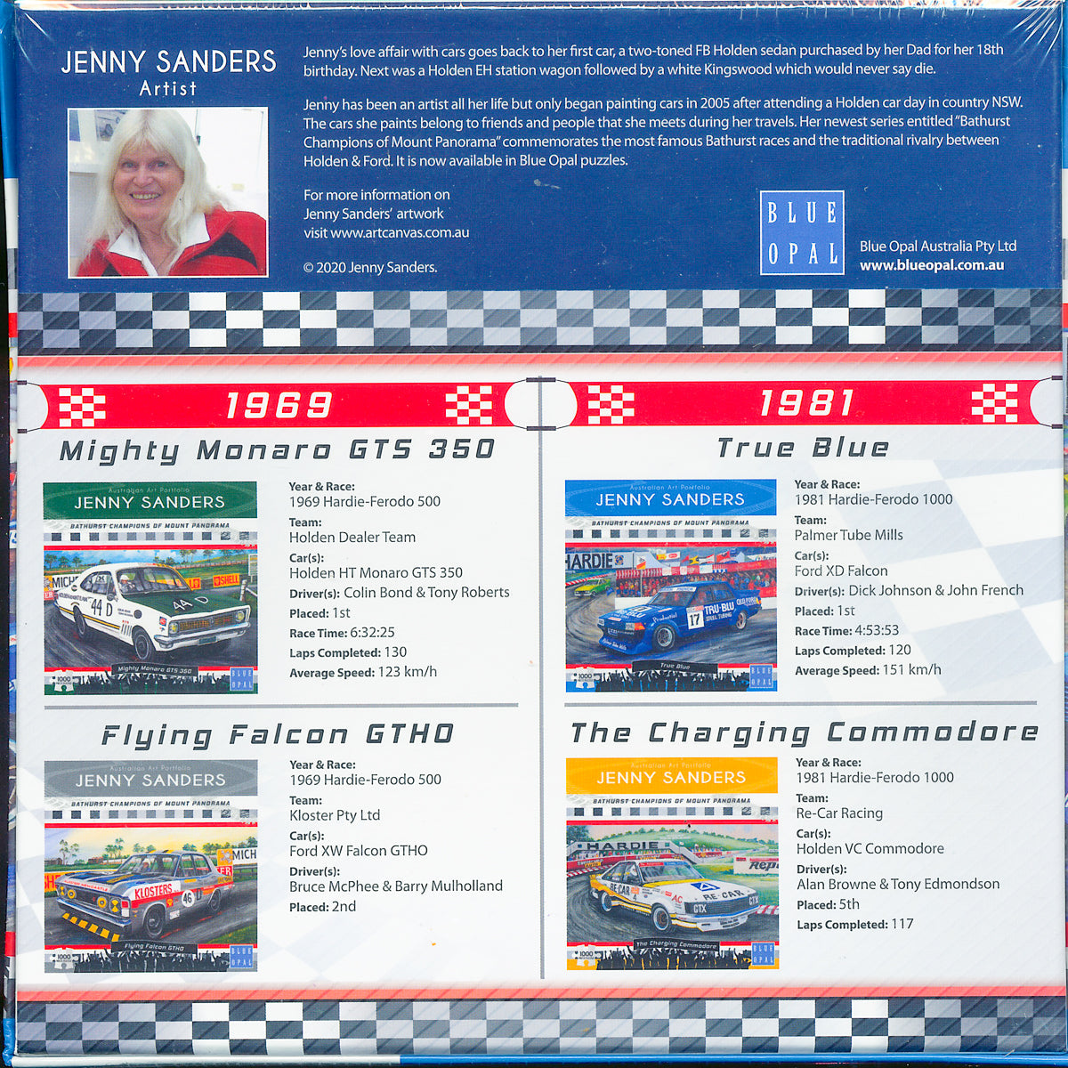 Product packaging featuring artist Jenny Sanders' portrait and four detailed paintings of classic Australian race cars, with race info